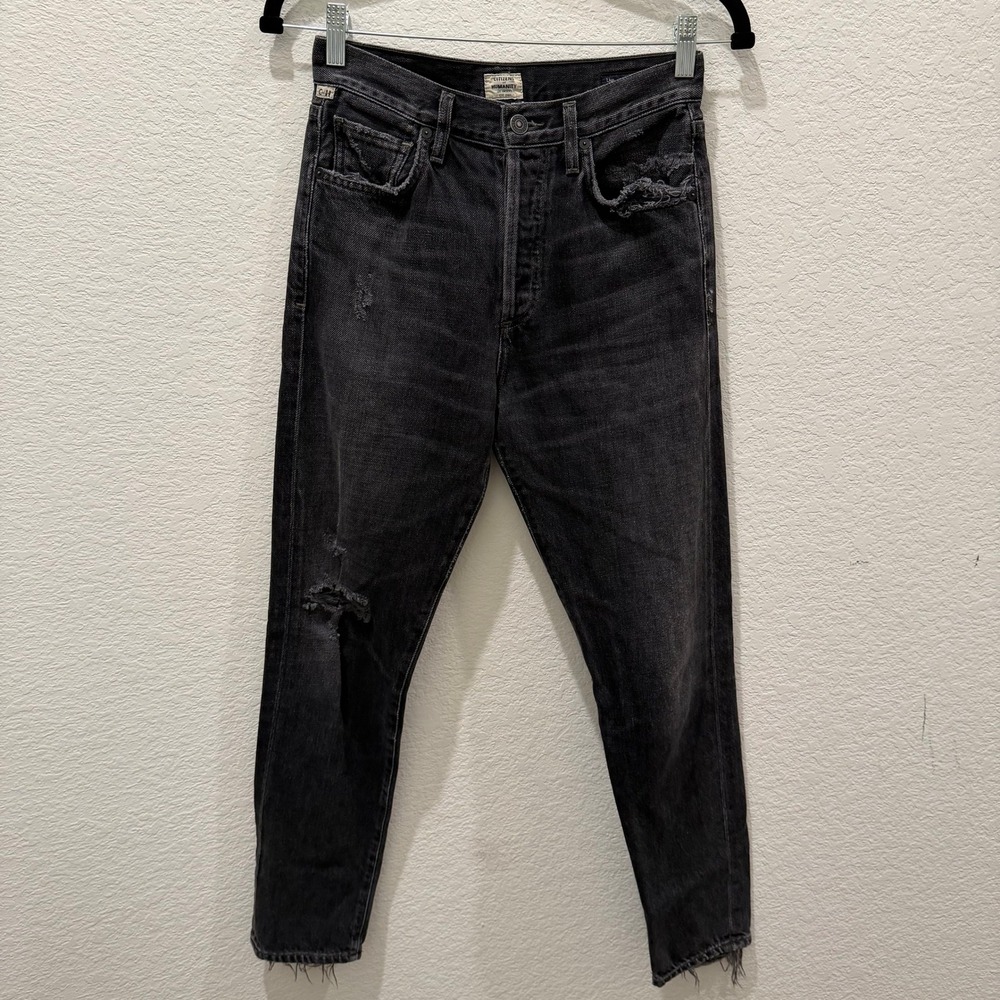 Citizens of Humanity Liya High Rise Classic Fit Crop Black Distressed Jeans 24